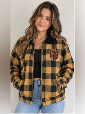 The Wild Collective Cleveland Browns Buffalo Plaid Quilted Zip Jacket